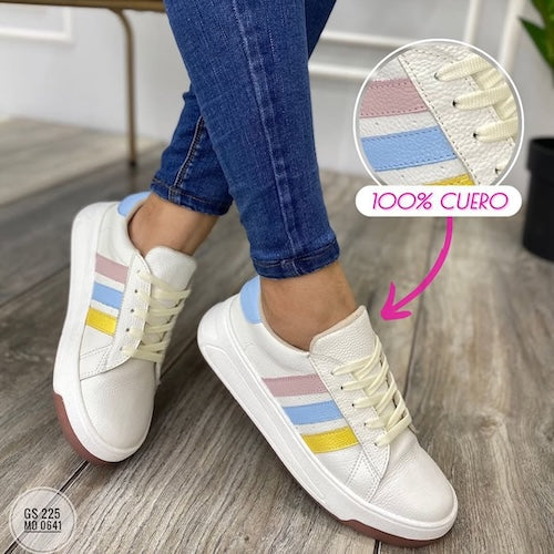 Tenis en Cuero Blanco y Colores Pastel