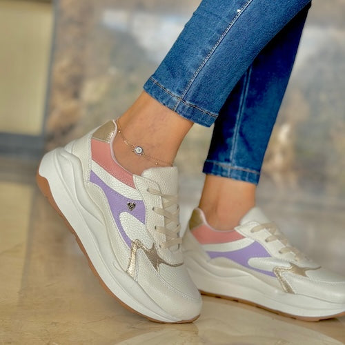 Tenis en Cuero Blanco y Lila