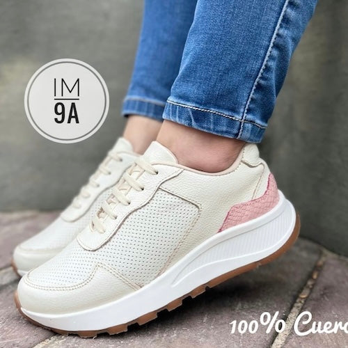 Tenis en Cuero Crema y Rosa