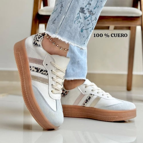 Tenis en Cuero Blanco y Animalprint