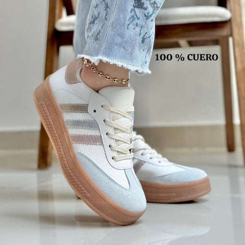 Tenis en Cuero Blanco y Metalizado