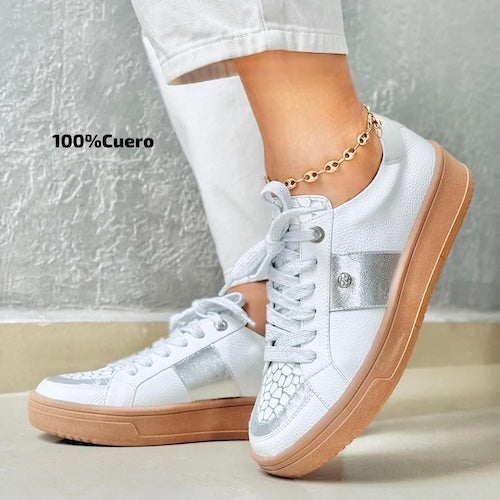 Tenis en Cuero Blanco y Plateado