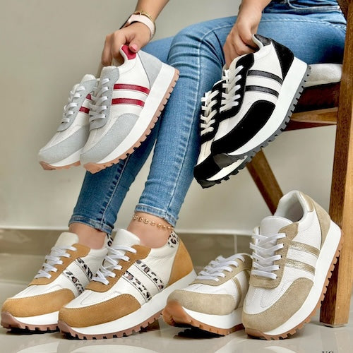 Tenis en Cuero Beige y Blanco