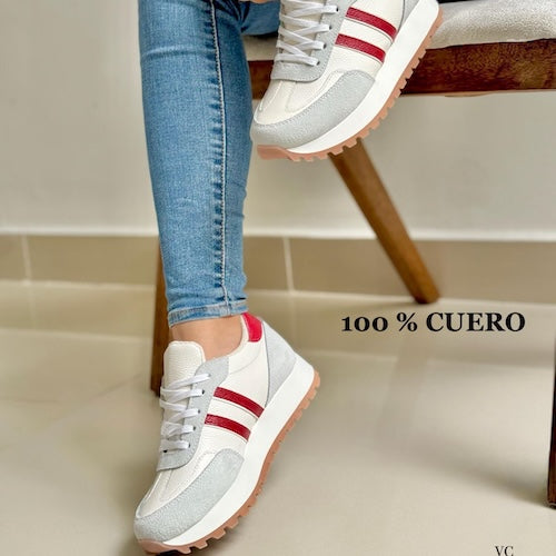 Tenis en Cuero Gris y Rojo