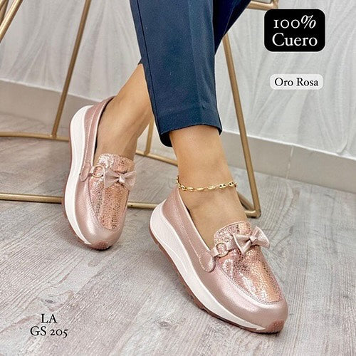Mocasines Cuero Oro Rosa