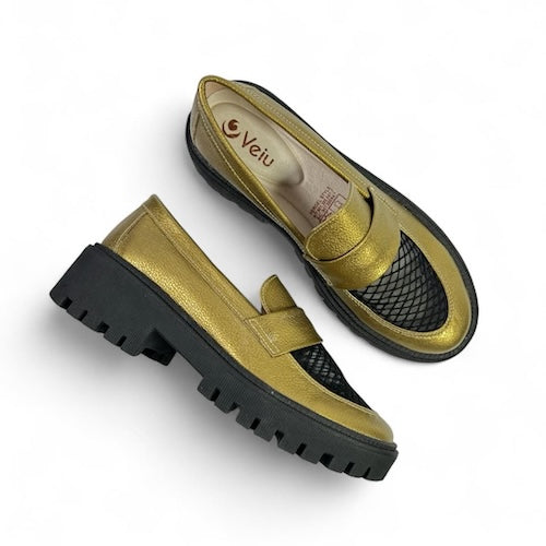 Mocasines Cuero Oro y Negro