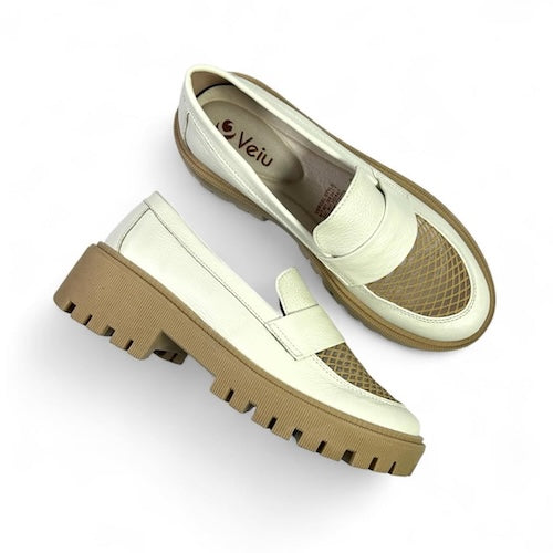 Mocasines Cuero Blanco y Miel