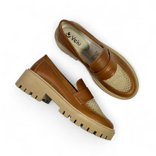 Mocasines Cuero Miel y Beige