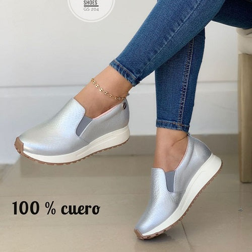 Tenis Sin Cordones en Cuero Plateado