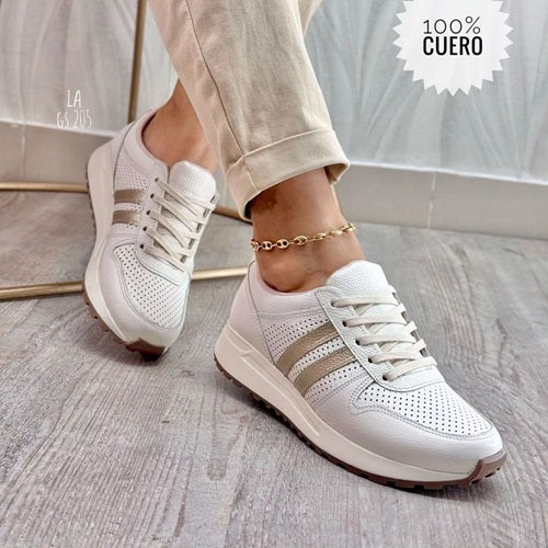 Tenis en Cuero Blanco y Champaña