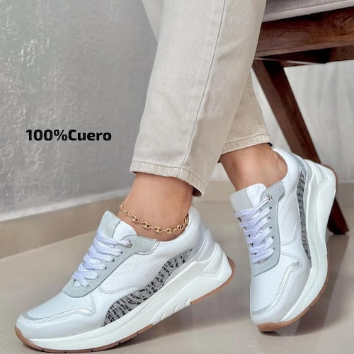 Tenis en Cuero Blanco y Animal Print