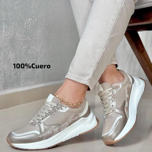 Tenis en Cuero Champaña y Animal Print