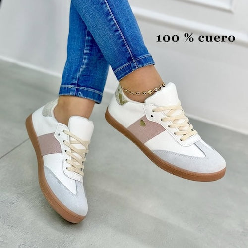 Tenis en Cuero Blanco y Rosa