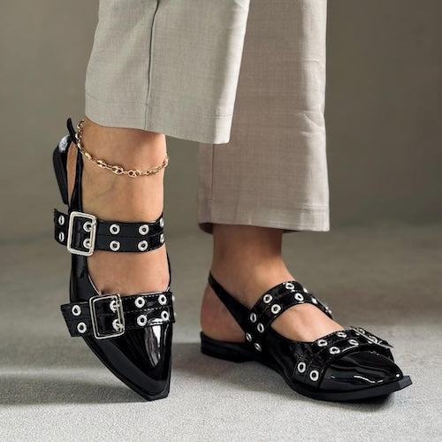 Baleta Destalonada Hebilla Negro Charol