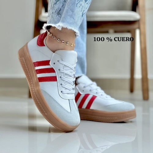 Tenis en Cuero Blanco y Rojo