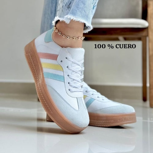 Tenis en Cuero Blanco y Colores Pastel