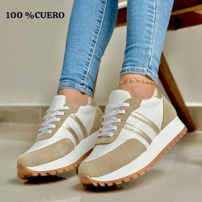 Tenis en Cuero Beige y Blanco