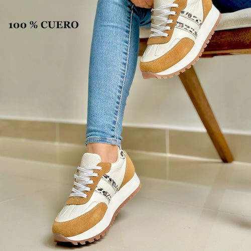 Tenis en Cuero Miel y Blanco