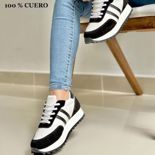 Tenis en Cuero Negro y Blanco