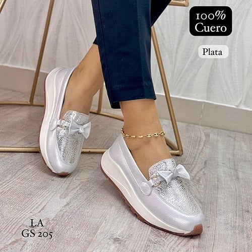 Mocasines Cuero Plateado